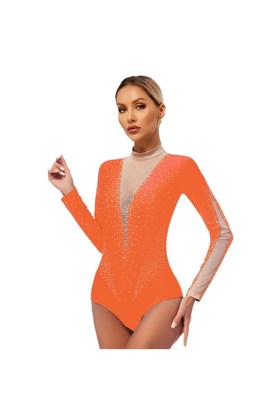 Womens Shiny Rhinestone Mock Neck Long Sleeves Jumpsuit Gymnastic Training Leotard Ballet Orange M