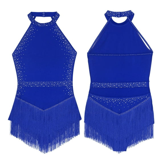 Raenseen Womens Shiny Rhinestones Tassel Leotard Sleeveless Fringe Bodysuit Ballroom Jazz Costume Royal Blue XXL