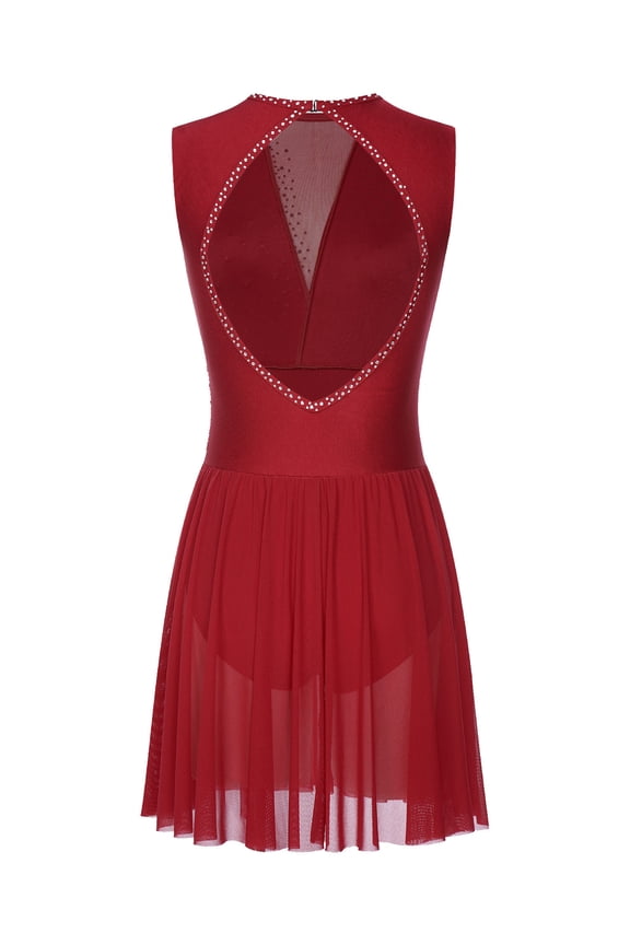 Womens Sleeveless Figure Ice Skating Dance Dress Rhinestones Lyrical Ballet Tulle Dresses Burgundy M