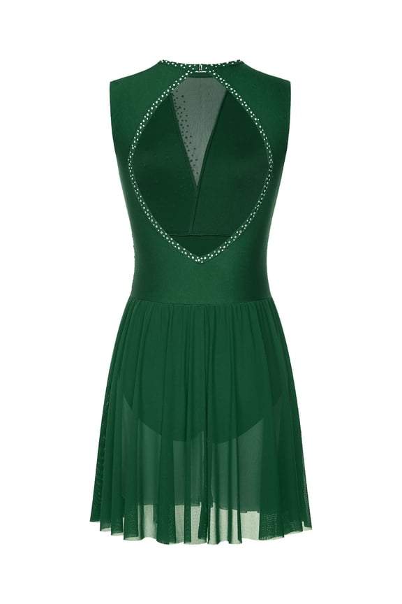 Womens Sleeveless Figure Ice Skating Dance Dress Rhinestones Lyrical Ballet Tulle Dresses Green M