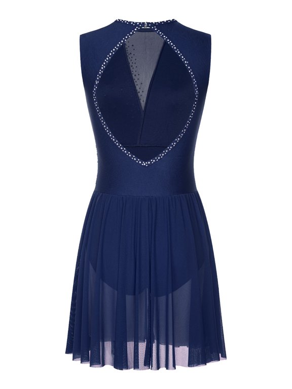 Womens Sleeveless Figure Ice Skating Dance Dress Rhinestones Lyrical Ballet Tulle Dresses Navy Blue S