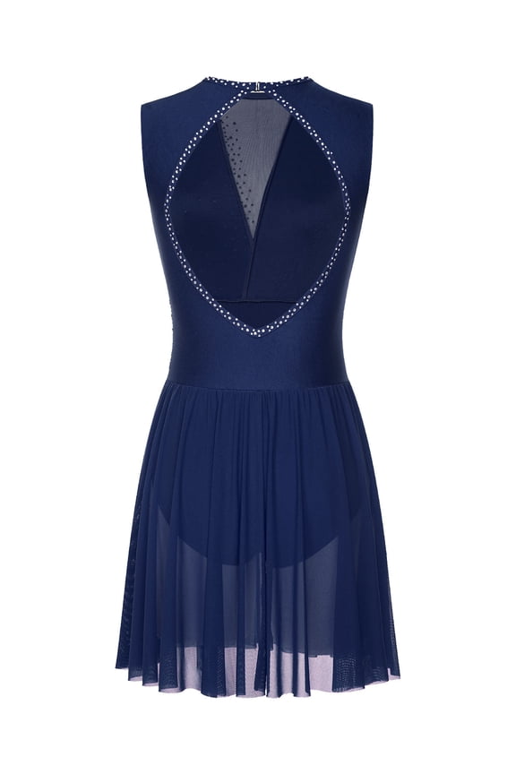 Womens Sleeveless Figure Ice Skating Dance Dress Rhinestones Lyrical Ballet Tulle Dresses Navy Blue XXL