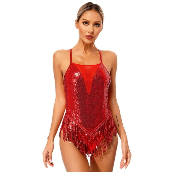 Raenseen Womens Sleeveless Sequin Leotard with Fringe Latin Jazz Chacha Ballroom Dance Costume Red S