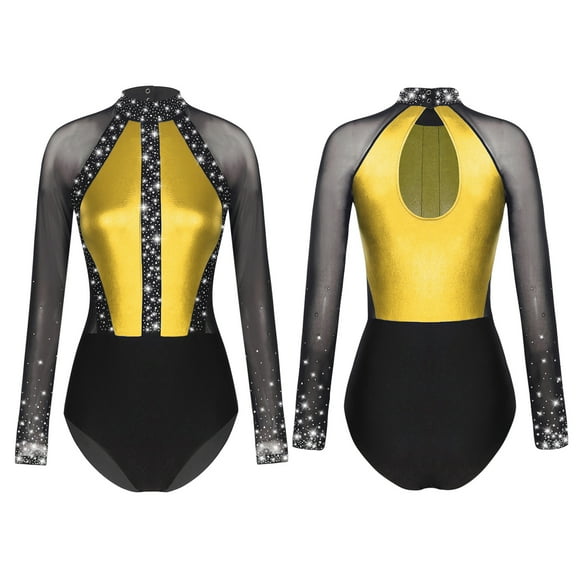 Raenseen Womens Sparkling Rhinestones Mesh Long Sleeve Gymnastics Dance Costume Acrobatics Gold M