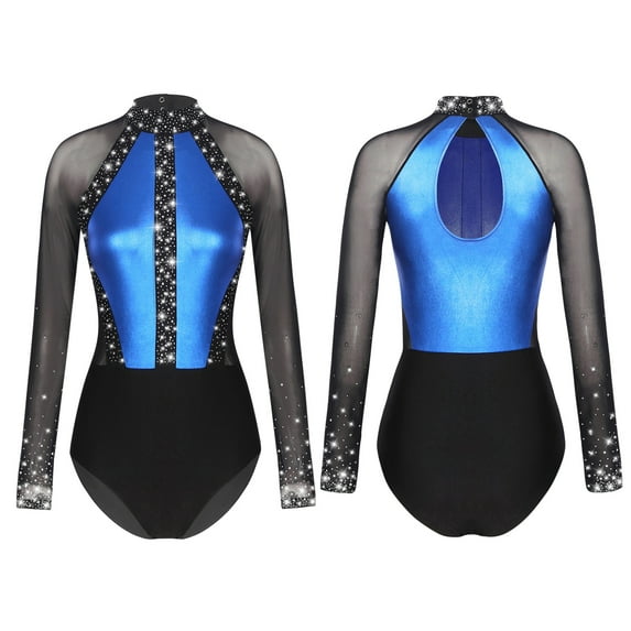 Raenseen Womens Sparkling Rhinestones Mesh Long Sleeve Gymnastics Dance Costume Acrobatics Royal Blue XXL