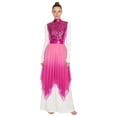 thumbnail image 1 of Raenseen Womens Worship Praise Dance Dress Glittery Sequined Bodice Gradient Mesh Irregular Hem Dresses Hot Pink L, 1 of 6