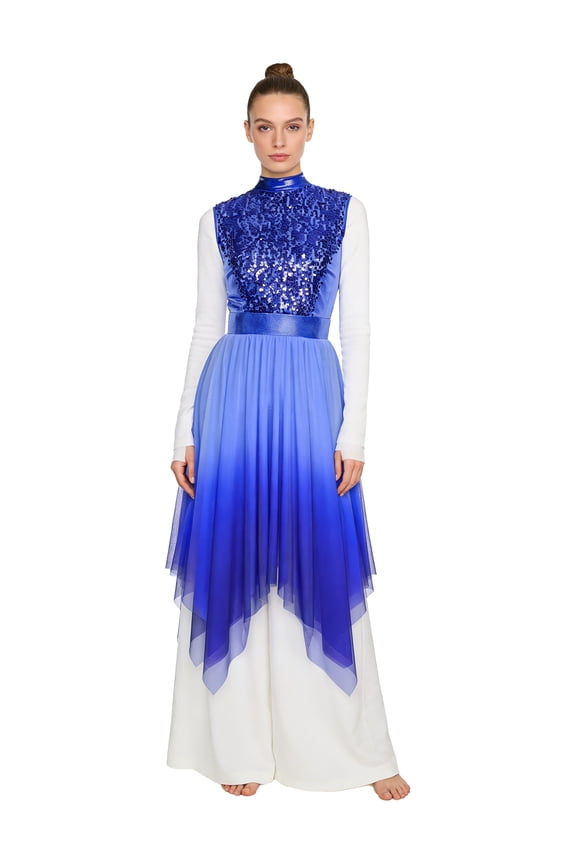 Womens Worship Praise Dance Dress Glittery Sequined Bodice Gradient Mesh Irregular Hem Dresses Royal Blue M