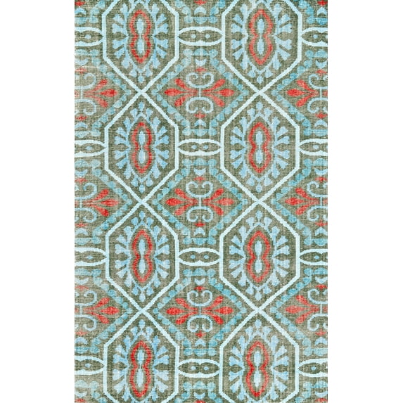 Rafa Exotic Hand Knot Wool Rug, Turquoise/Red, 5ft - 6in x 8ft - 6in Area Rug