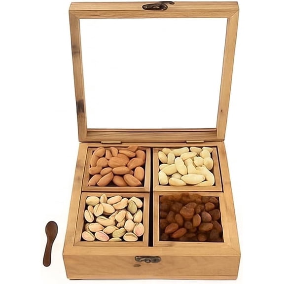 Rafael Exports Sheesham Wood Dry Fruit Box with Glass Lid 4 Compartments, Secure Lock, Water-Resistant Finish, Handmade with Spoon Multipurpose Storage for Nuts, Spices & Snacks