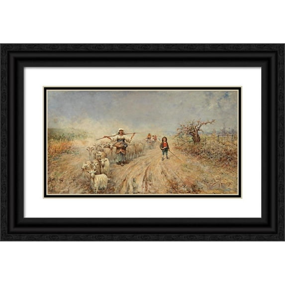 Rafael Senet y Perez 14x10 Black Ornate Wood Framed Double Matted Museum Art Print Titled: Home from the Herd