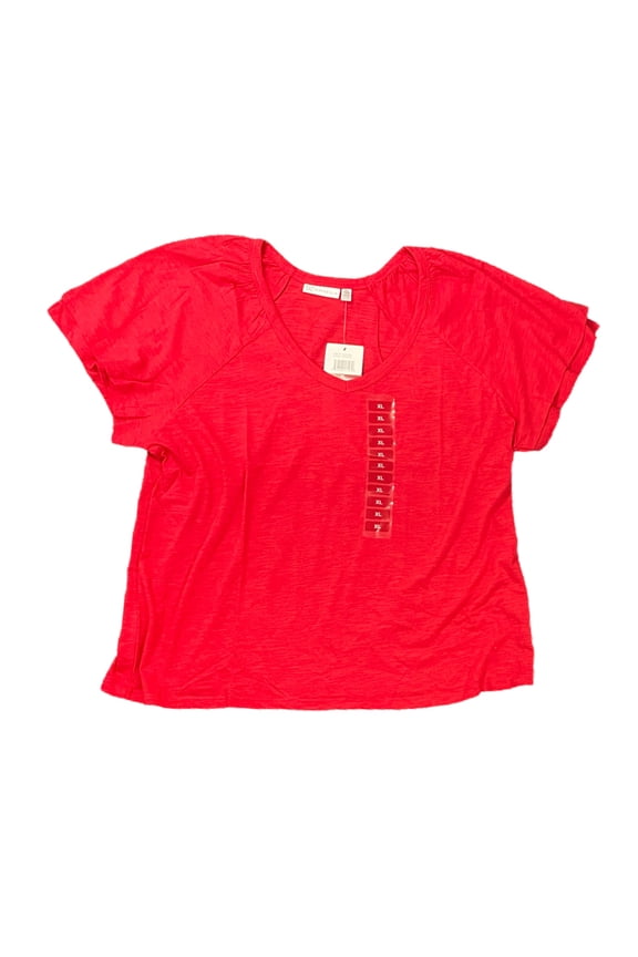 Ladies Knit V-Neck Ruffled Short Sleeve Fashion Top (True Red, L)