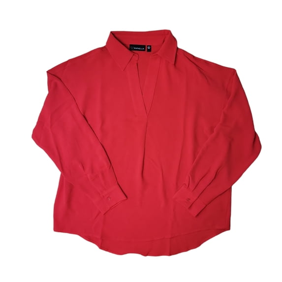 Rafaella Ladies Relaxed Fit Soft Textured High-Low Hem Cuffed Sleeve Woven Top (True Red, XS)