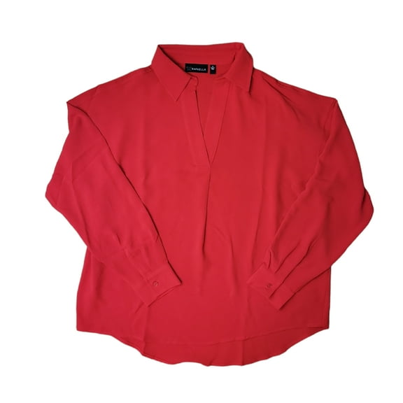 Rafaella Ladies Relaxed Fit Soft Textured High-Low Hem Cuffed Sleeve Woven Top (True Red, XS)