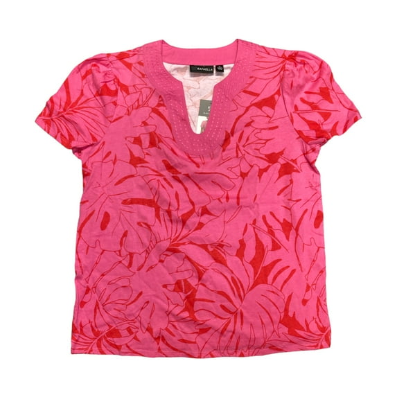 Rafaella Women's Soft 100% Cotton Jersey Short Sleeve V Neck Top (Carmine Rose, L)