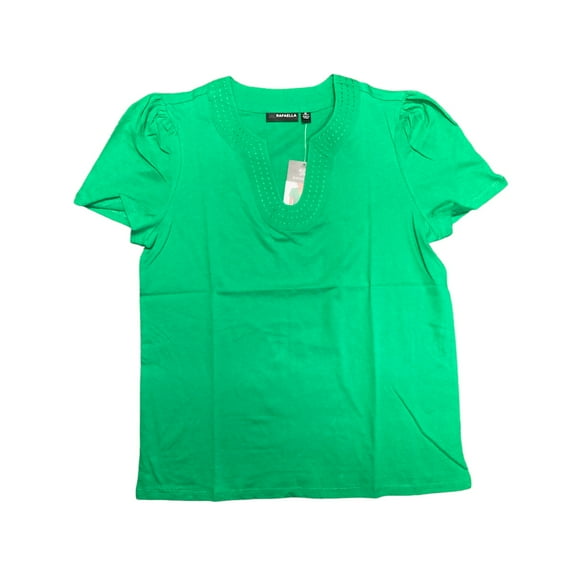 Rafaella Women's Soft 100% Cotton Jersey Short Sleeve V Neck Top (Fern Green, L)