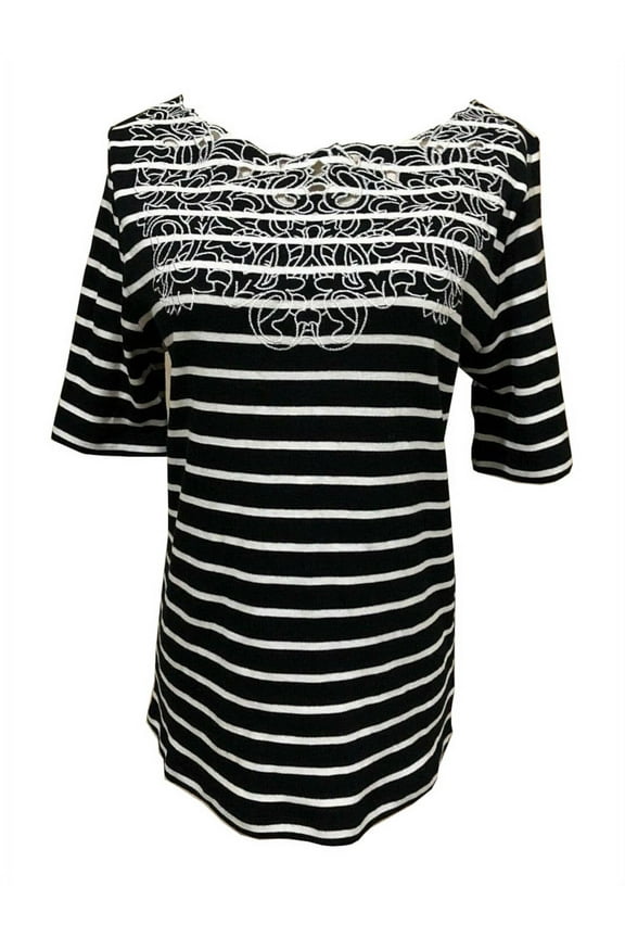 Rafaella Womens Size Small Elbow Sleeve Embroidered Blouse Top, Black/White/Stripe