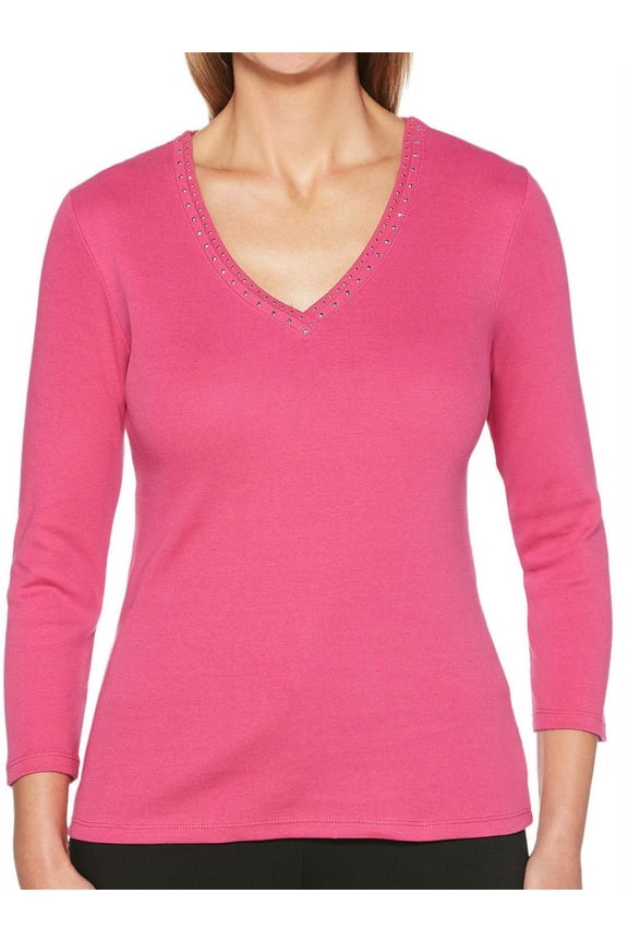 Rafaella Womens Size Small Embellished Bling V-Neck 3/4 Sleeve Top, Very Berry