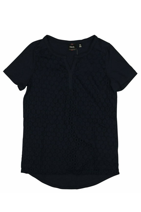 Rafaella Womens Size Small Short Sleeve Slot Neckline Lace Crochet Front Overlay Blouse Top, Navy
