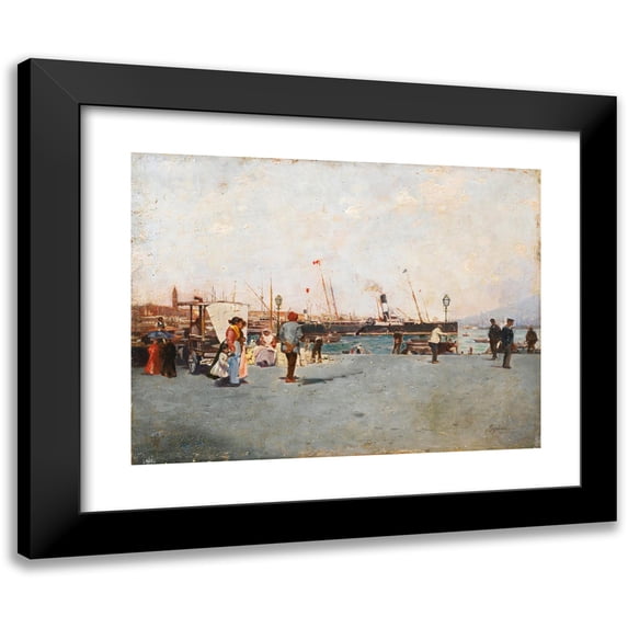 Raffaele Ragione 14x12 Black Modern Framed Museum Art Print Titled - Figures on the Pier of Naples (Figures on the Pier of Naples),