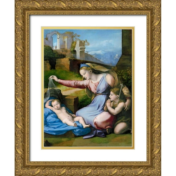 Raffaello 15x18 Gold Ornate Wood Framed with Double Matting Museum Art Print Titled - The Madonna of the Blue Diadem