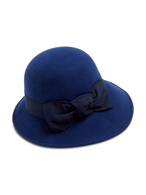 Medium Wool Felt Cloche Bow Hat, Navy
