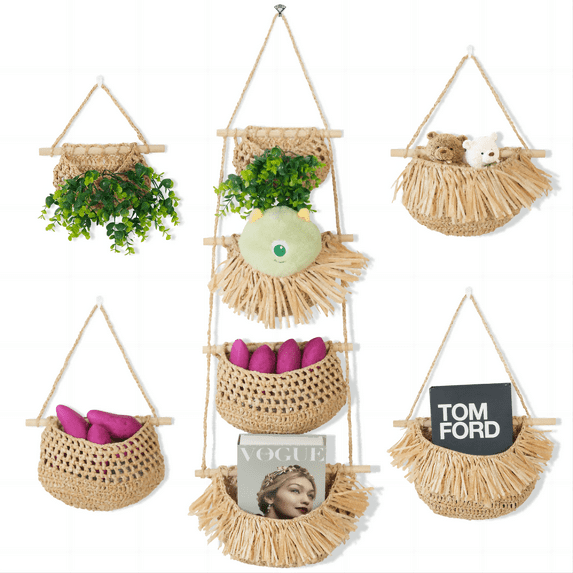 Hanging Fruit Basket, ZUEXT 4 Tier Over the Door Organizer, Handmade Woven Jute Wall Baskets for Organizing, BOHO Decor, Storage for Kitchen, Living & Bathroom Bedroom.