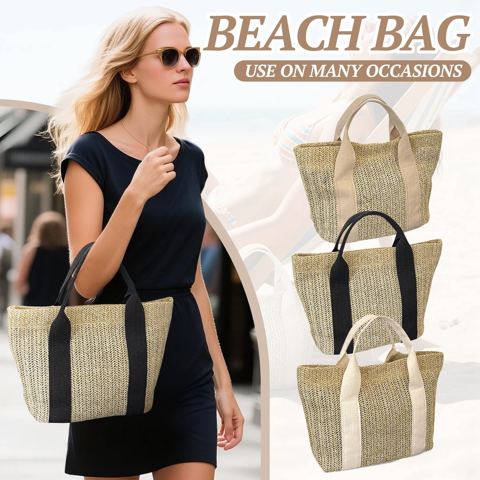 Large Rattan Tote Bag For Women - Woven Straw Beach Purse With Zipper, Summer Vacation Handbag