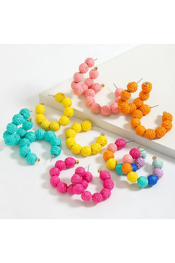 Raffia Earrings Boho Rattan Hoop Earrings for Women Summer Raffia Ball Large Circle Earrings Handmade Straw Wicker Earrings Beach Jewelry