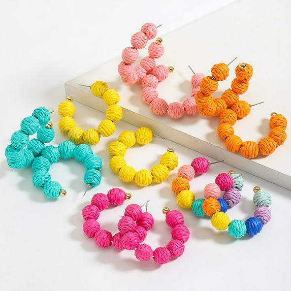 Raffia Earrings Boho Rattan Hoop Earrings for Women Summer Raffia Ball Large Circle Earrings Handmade Straw Wicker Earrings Beach Jewelry
