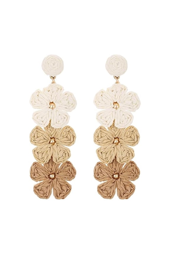 Raffia Flower Dangle Earrings for Women, Handmade Boho Straw Wrapped Rattan Gradient Floral Statement Jewelry for Spring Summer Beach Vacation Gift