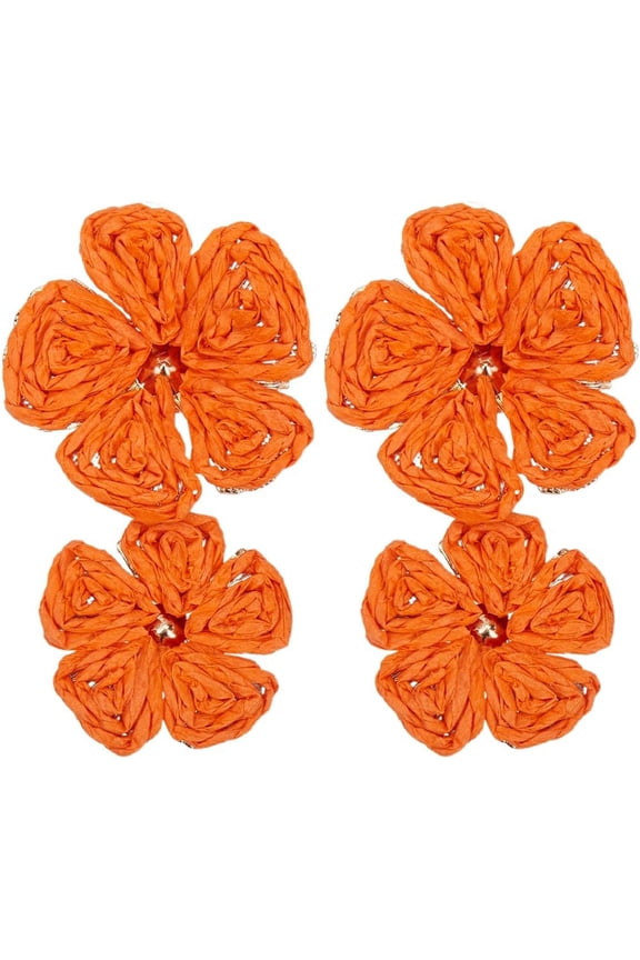 Raffia Flower Drop Earrings Orange Flower Stud Earrings Daisy Floral Double Flowers Raffia Straw Wrapped Drop Dangle Earrings for Women Summer Tropical Beach Boho Statement Jewelry Orange