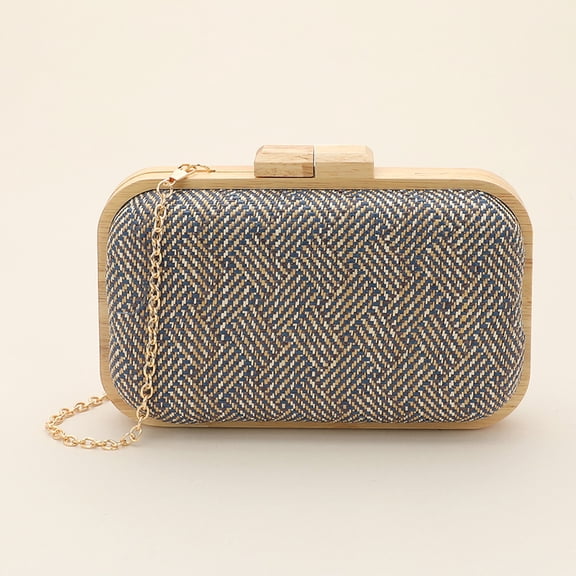 Raffia Geometric Woven Pattern Wooden Clutch Bag / Crossbody Bag