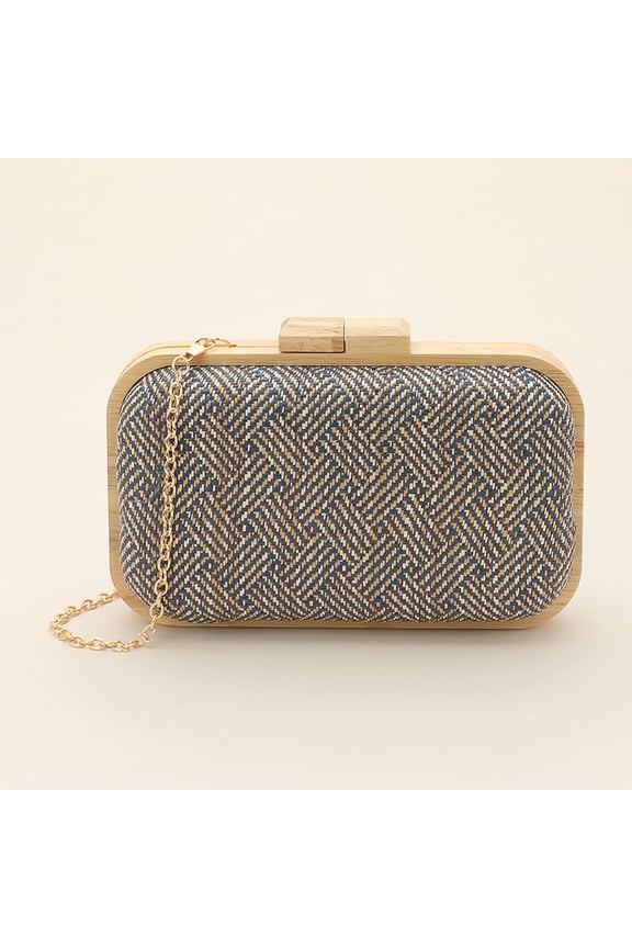 Raffia Geometric Woven Pattern Wooden Clutch Bag / Crossbody Bag