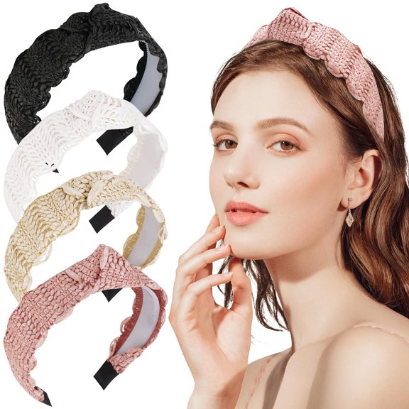 Raffia Headbands Straw Headband Boho Headbands, Top Knot Headband Knotted Headbands for Women, Summer Beach Headbands Rattan Woven Headband No Slip