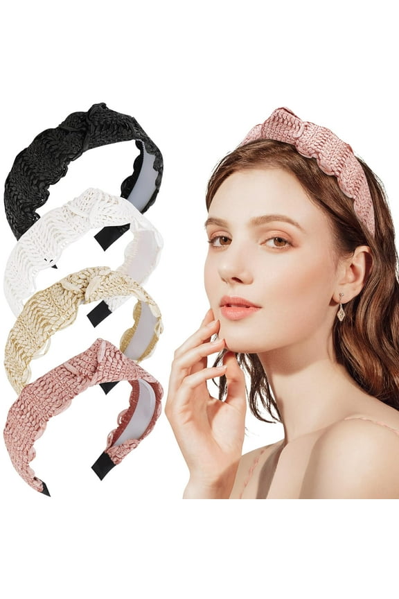 Raffia Headbands Straw Headband Boho Headbands, Top Knot Headband Knotted Headbands for Women, Summer Beach Headbands Rattan Woven Headband No Slip
