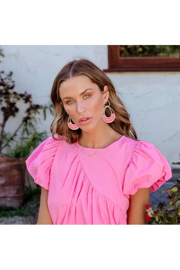 Raffia Hoop Earrings For Women Fun Boho Summer Beach Earrings Lightweight Handmade Straw Wicker Rattan Dangle Earrings Statement Geometric R Nd Op Earrings[Z1624]