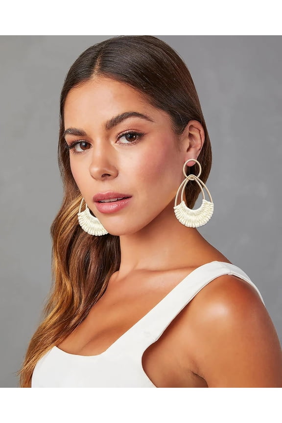 Raffia Hoop Earrings For Women Fun Boho Summer Beach Earrings Lightweight Handmade Straw Wicker Rattan Dangle Earrings Statement Geometric R Nd Op Earrings[Z1621]