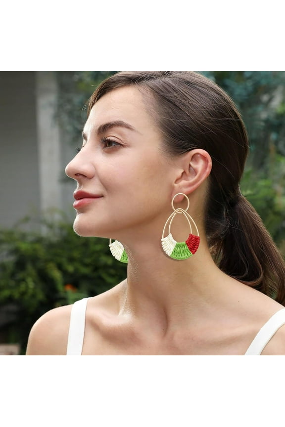 Raffia Hoop Earrings For Women Fun Boho Summer Beach Earrings Lightweight Handmade Straw Wicker Rattan Dangle Earrings Statement Geometric R Nd Op Earrings[Z1612]