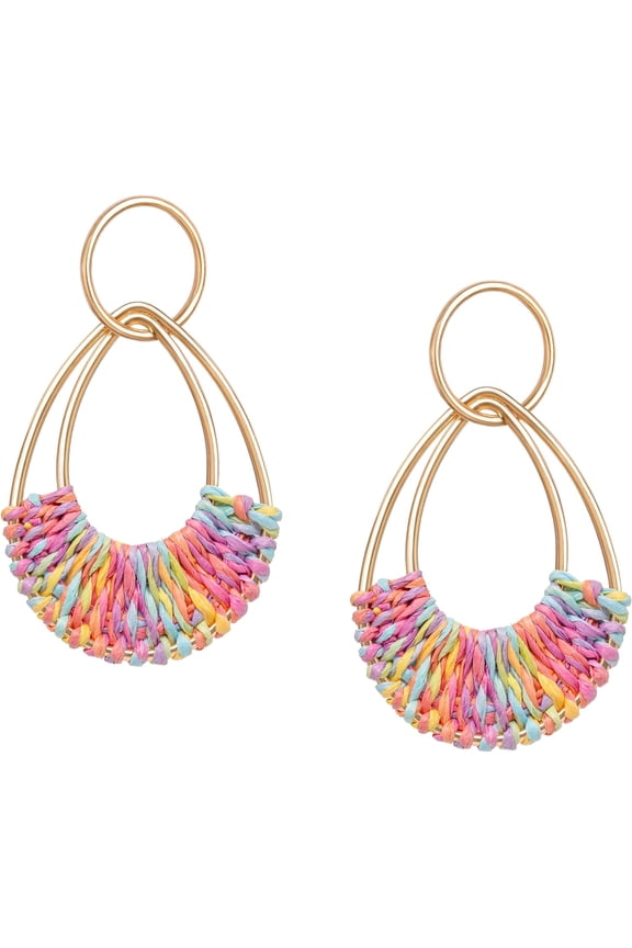 Raffia Hoop Earrings For Women Fun Boho Summer Beach Earrings Lightweight Handmade Straw Wicker Rattan Dangle Earrings Statement Geometric Round Drop Earrings[Z4235]
