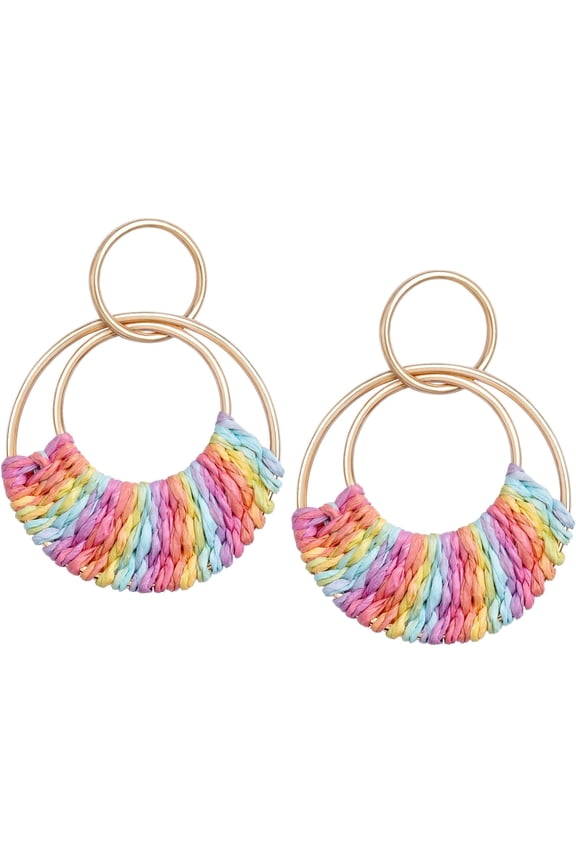 Raffia Hoop Earrings For Women Fun Boho Summer Beach Earrings Lightweight Handmade Straw Wicker Rattan Dangle Earrings Statement Geometric Round Drop Earrings[Z4245]