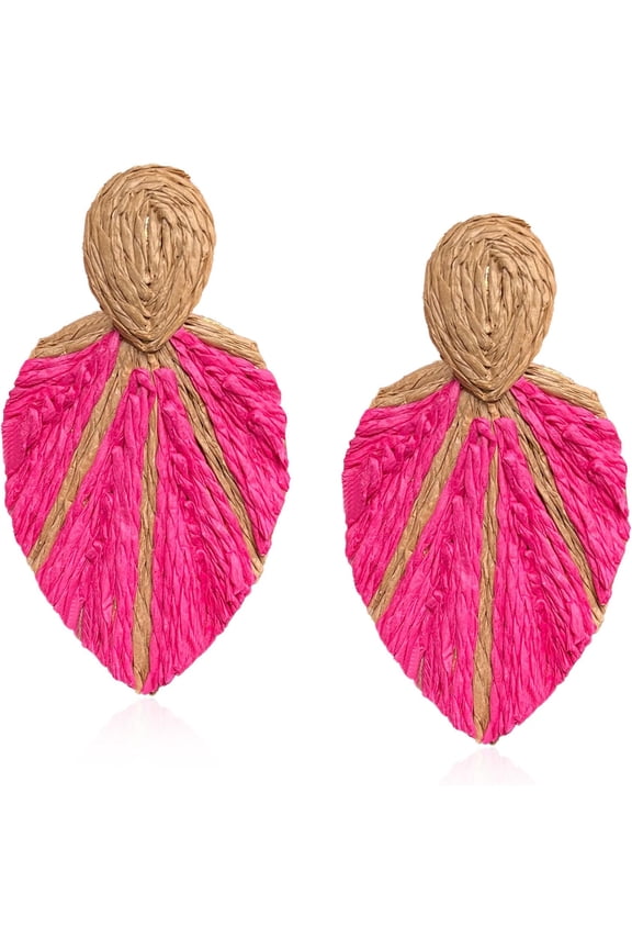 Raffia Long Leaf Earrings Colorful Handmade Rattan Leaf Drop Dangle Earrings Summer, Style P4144