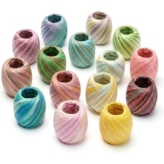 Raffia Paper Ribbon Multicolored Section Dyeing Strings 15 Rolls Set for Gift Box Wrapping and DIY Decoration (3-Color Gradient Dyeing)