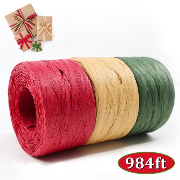 Kabuer Raffia Ribbon Raffia Paper Craft Ribbon Packing Paper Twine for Christmas Craft Wrapping (Red.Green.Kraftl, 3 Rolls 1/4" ,Total 984ft)