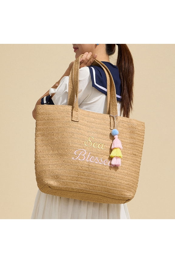 Raffia SEA BLESSED Message Embroidered Summer Tote Bag