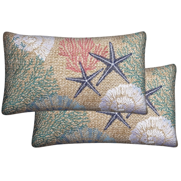 Raffia Seashore Reef Outdoor Lumbar Toss Pillow (2-Pack)