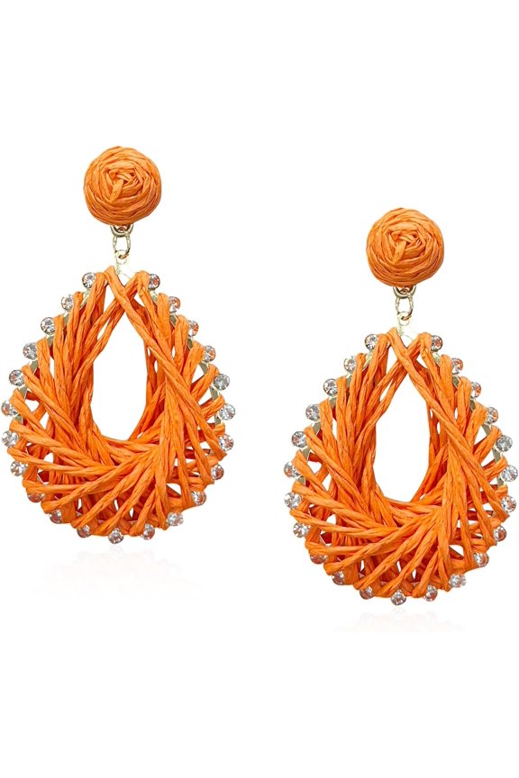 Raffia Teardrop Earrings for Women Boho Summer Beach Lightweight Handmade Straw Wicker, Style U4354