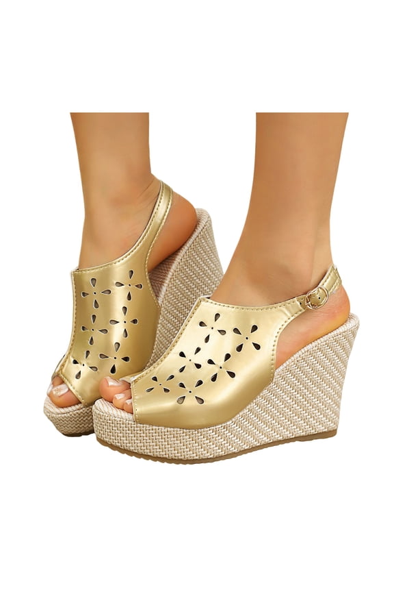 Raffia Wedge Sandals for Women Peep Toe Platform Slingback Heels Hollow out Retro Leather Slip on Dressy Summer Beach Slides Gold Size 8.5