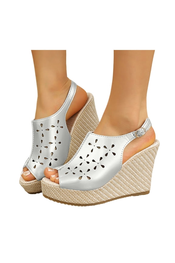 Raffia Wedge Sandals for Women Peep Toe Platform Slingback Heels Hollow out Retro Leather Slip on Dressy Summer Beach Slides White Size 7