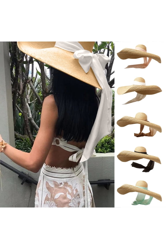 Raffia Wide Brim Hat, Foldable Sun Hat with Ribbon, Large Brim Beach Hat for Sun Protection, Runway Styling, Outdoor, Travel and Summer Vacations-Coffee