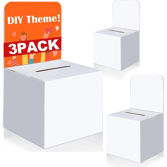 Raffle Box,3 Pcs Raffle Boxes with Slot,Cardboard Ballot Boxes and Removable Header for Collecting Business Card Voting Contest (White)